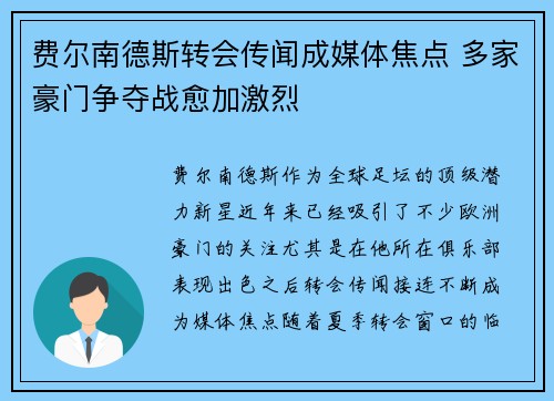 费尔南德斯转会传闻成媒体焦点 多家豪门争夺战愈加激烈