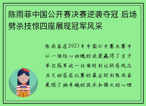 陈雨菲中国公开赛决赛逆袭夺冠 后场劈杀技惊四座展现冠军风采